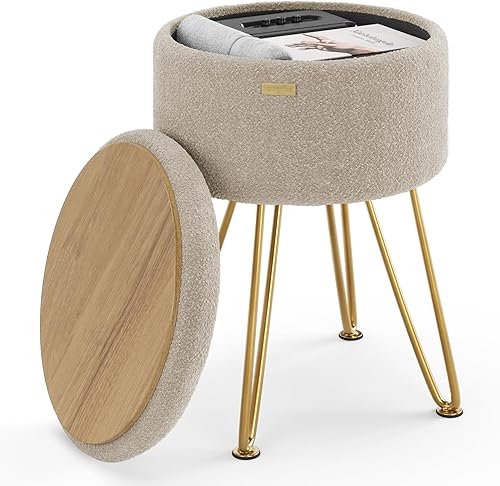 Miniatura 34 de STORAGEBUD Otomana redonda con almacenamiento, otomana de almacenamiento de terciopelo plisado, taburete de pie, taburete de maquillaje, otomanas