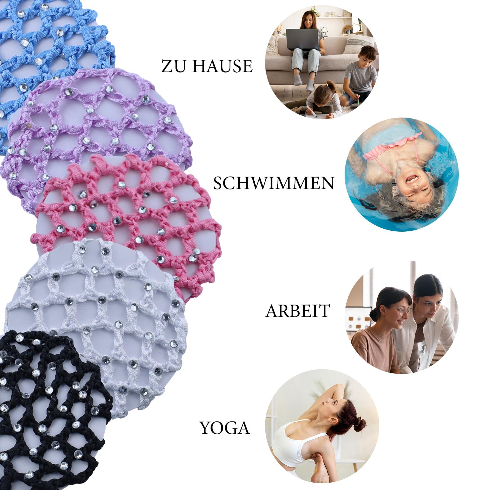 Rete per capelli, 5 pezzi con 50 mollette a forma di U, Retina per capelli con strass, adatta a tutti i tipi di capelli, Nero, Viola, Blu, Rosa, Bianco