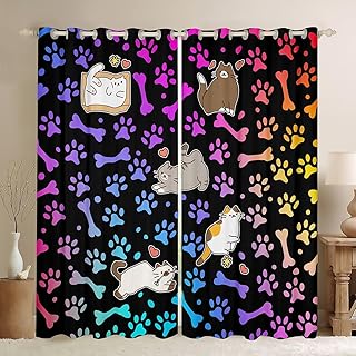 Manfei Kawaii Cats Window Curtains Colorful Bones Paw Print Window Drapes for Kids Girls Room Decor, Cute Animal Print Window Treatments Grommet Top 2 Panel Set Bedroom Curtains, 42Wx90L inch