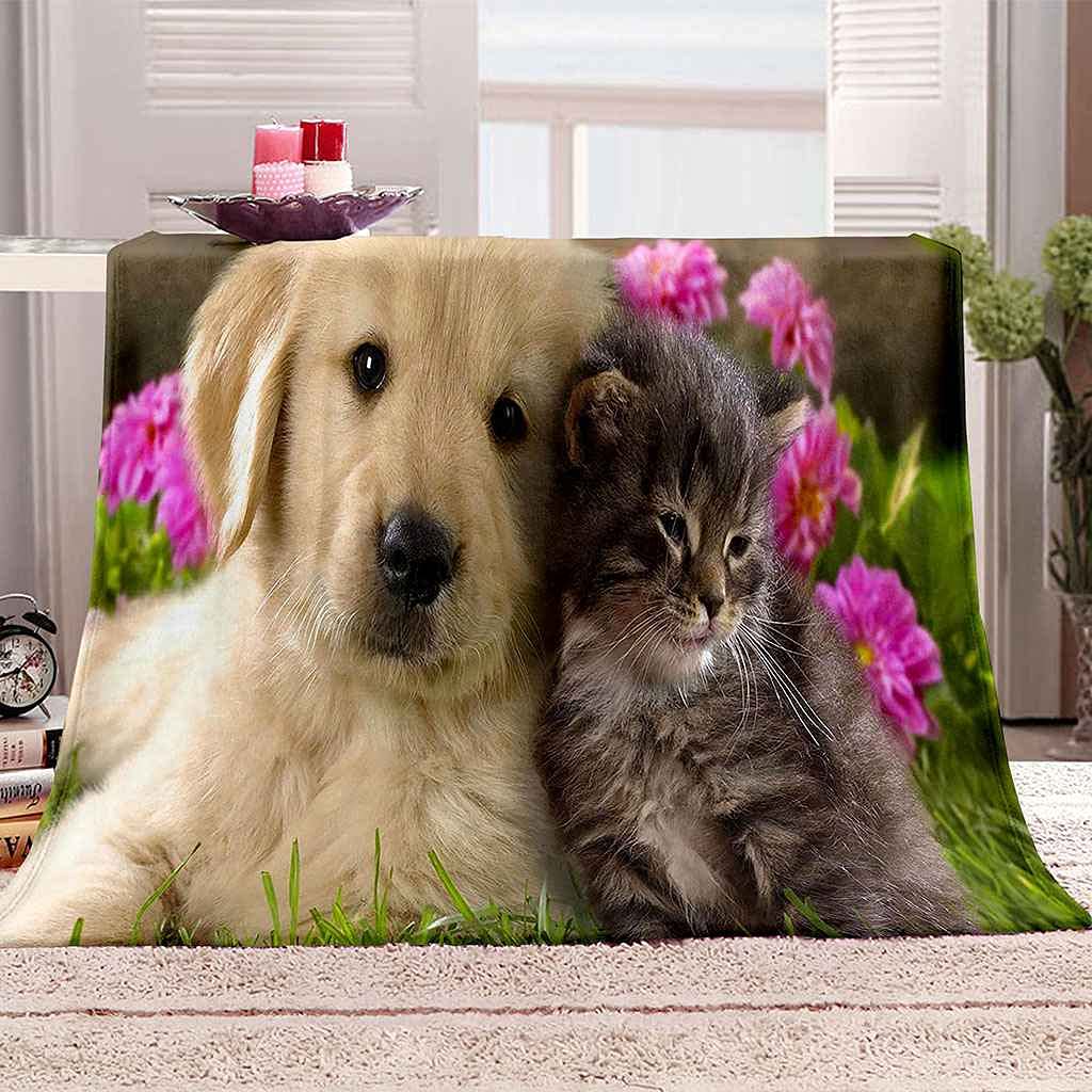 Couverture polaire flanelle chiot et chat, plaid microfibre thermique chaud et doux 150x200cm