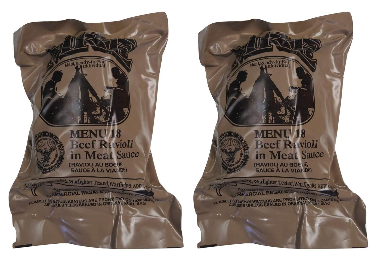 TWO (2) NEW MRE's 2020 - 2021 1st Insp. date - US Military Meals Ready-to-Eat w/FREE DESSERT! (Two 18's - Beef Ravioli in Meat Sauce)