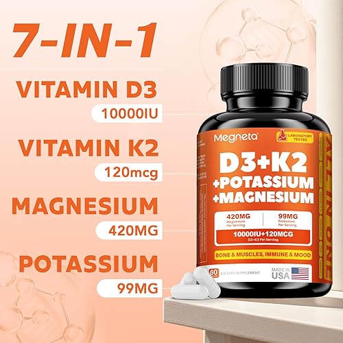 Miniatura 3 de Vitamina D3 K2 10,000 UI con magnesio y potasio - Apoya el equilibrio de calcio, la función muscular y la salud inmunológica, vegano, de alta