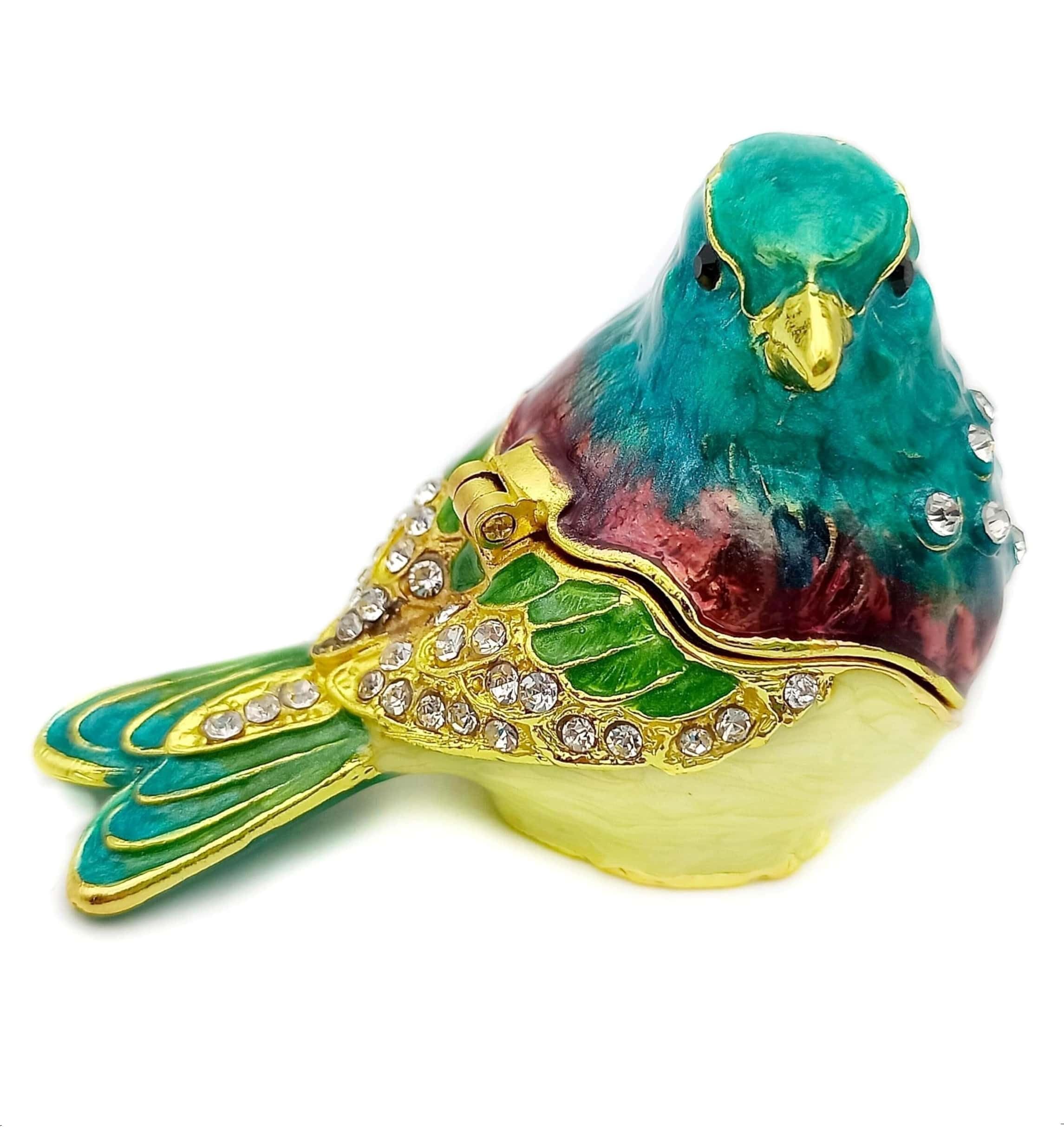 JWT Astyle Turquoise Green Bird Trinket Boxes Hinged,Bird Decor with Crystals Enamel Jewelry Box.Necklace Ring Box Earrings Storage.Collectible Birds Lover Gifts Figurines Home Decor