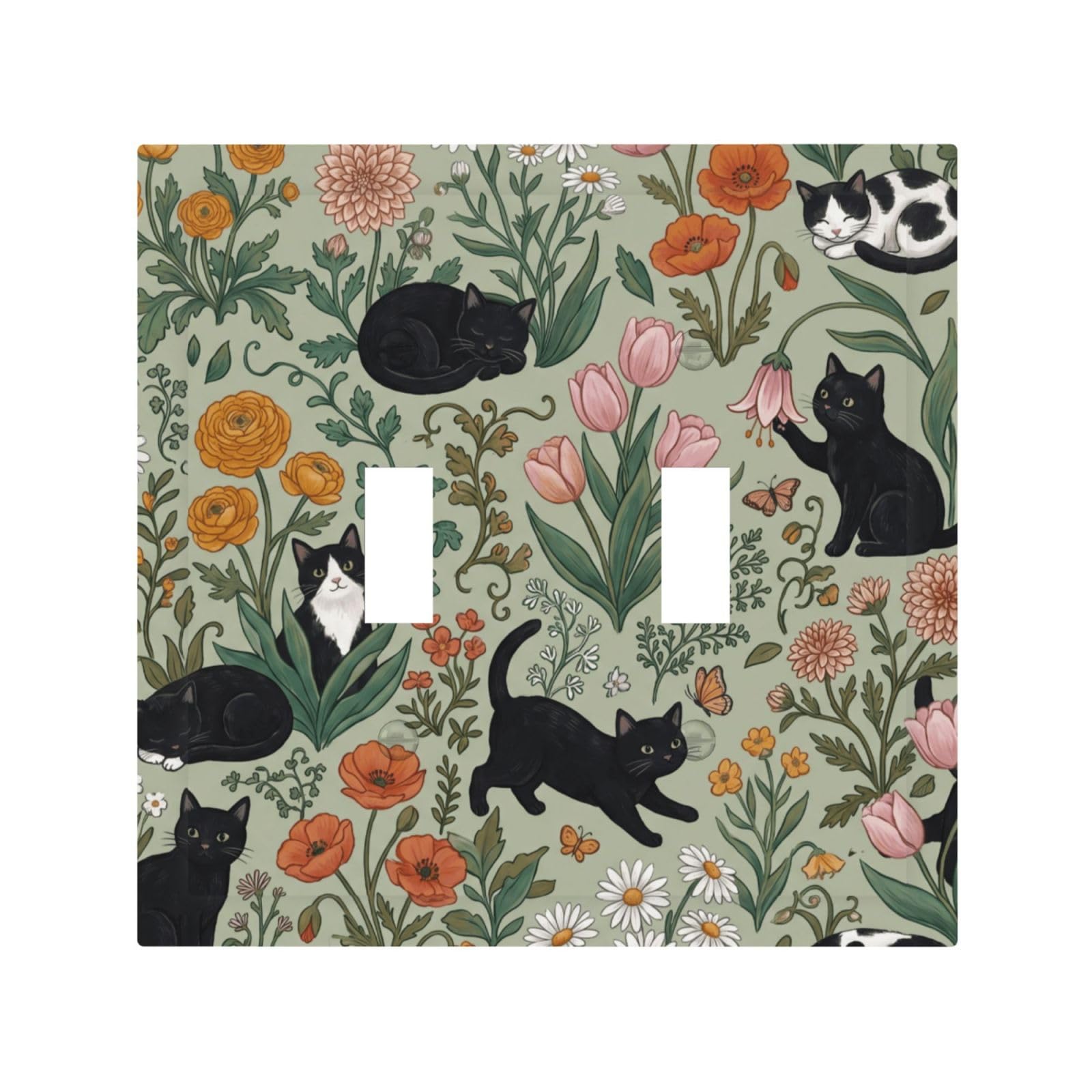 Dwbguo Floral Cat Decorative Light Switch Cover Plate Vintage Botanical Wildflower Cat 2 Gang Outlet Covers Double Toggle Wall Plates For Electrical Outlets Switch Plate Covers Faceplate For Home Bedroom Decor