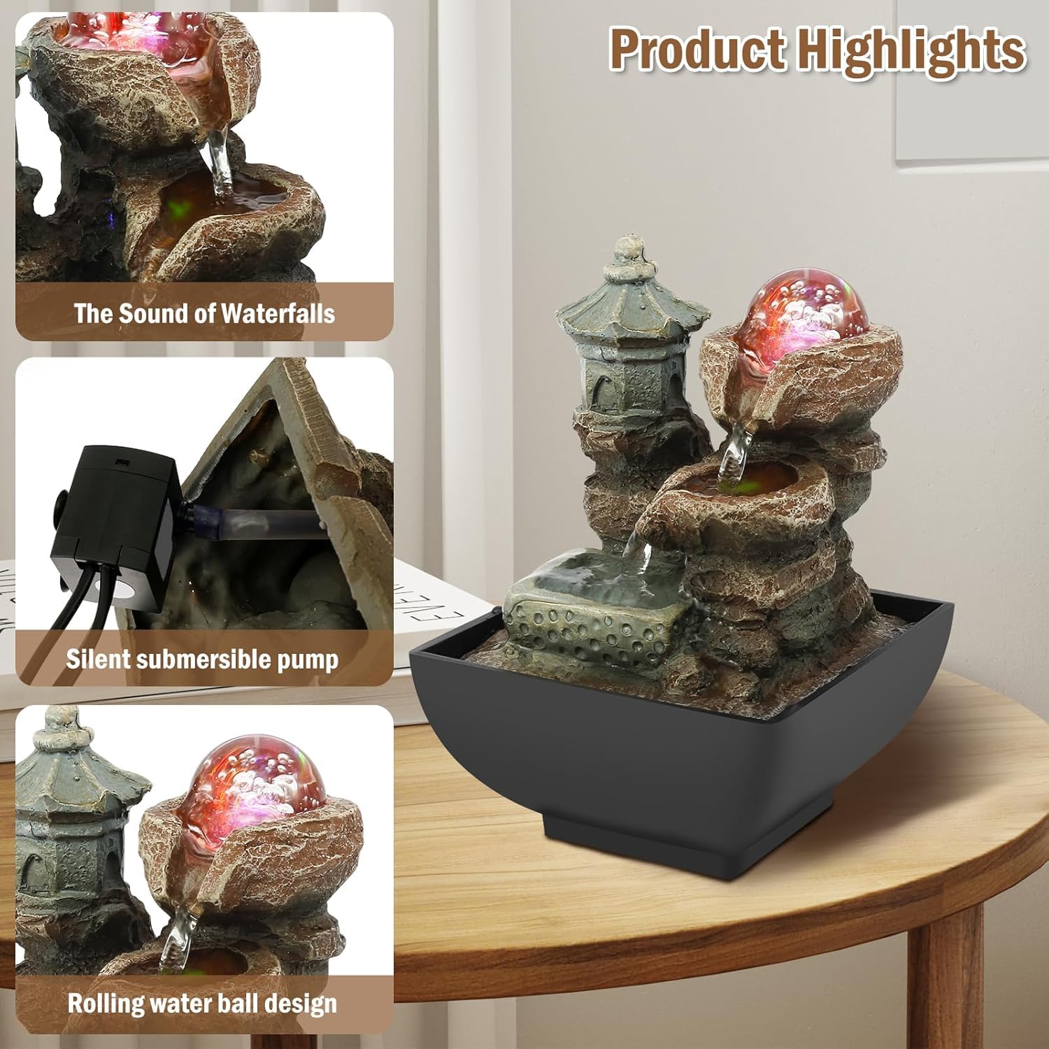 Fontana da Tavolo per Interni con Cascata Decorativa E Sfera di Cristallo Illuminata, Pompa Sommergibile Silenziosa per Relax E Meditazione, Piccola Fontana per Casa, Ufficio E Scrivania.