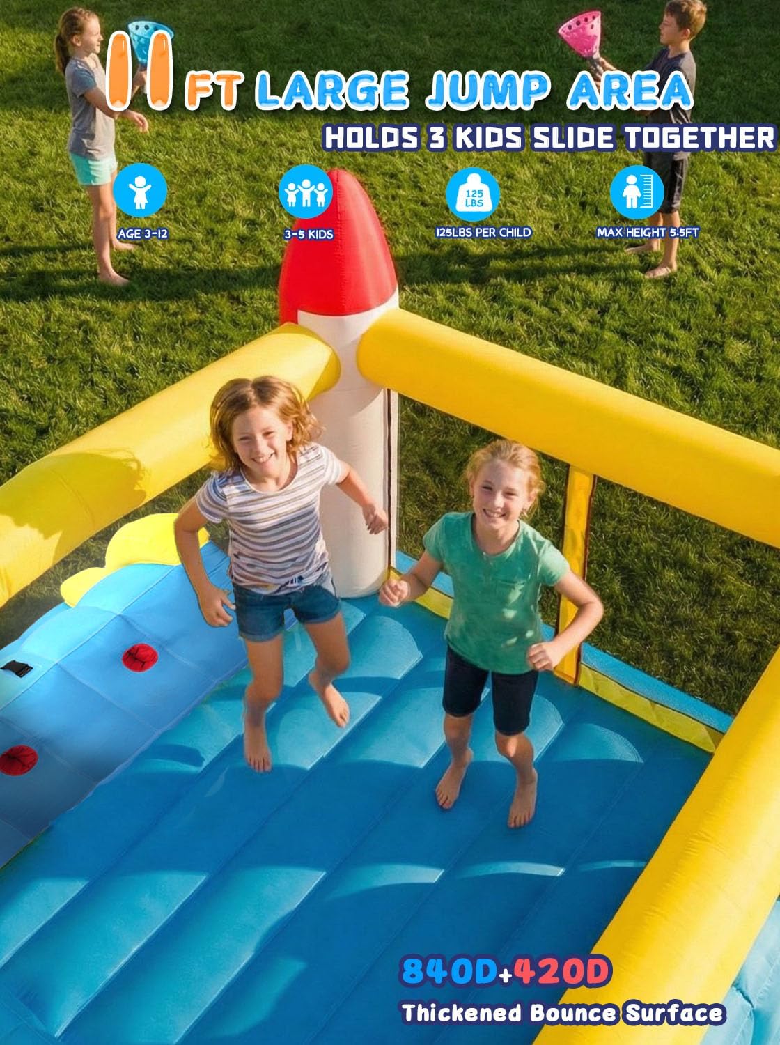 Whubefy Bounce House for Big Kids 8-12, 13.4ftx13.3ft Bouncy House with Larger Slide, Inflatable Jump House w/Jumping Area, Climbing Wall, Basketball Hoop, Thickened Material, Holds 3-5 Kids