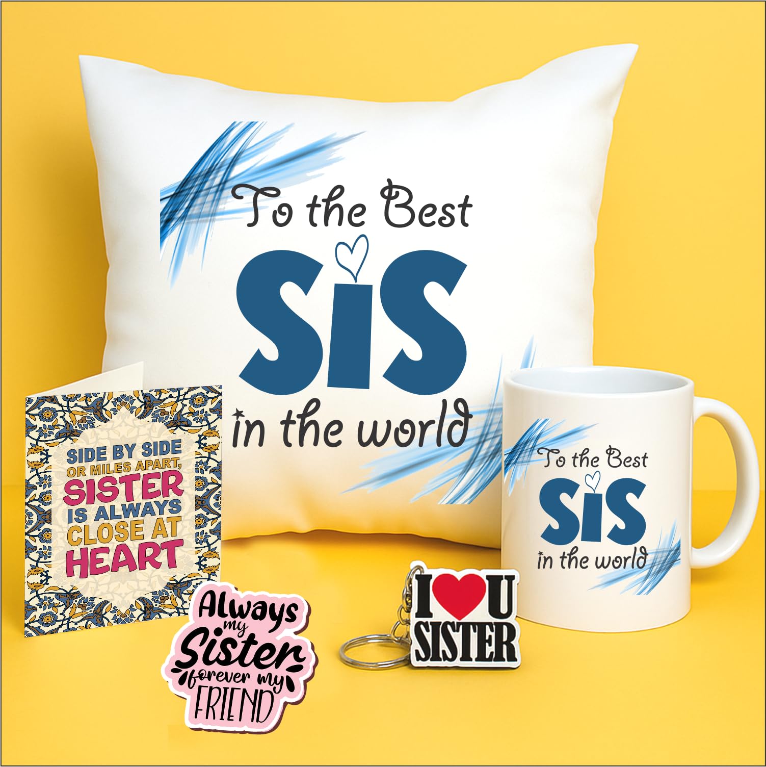 PICRAZEE Birthday Gift for Sister, Raksha Bandhan Gift Hamper for Sister – 12" Cushion with Filler, Ceramic Mug, Keyring, Fridge Magnet & Greeting Card