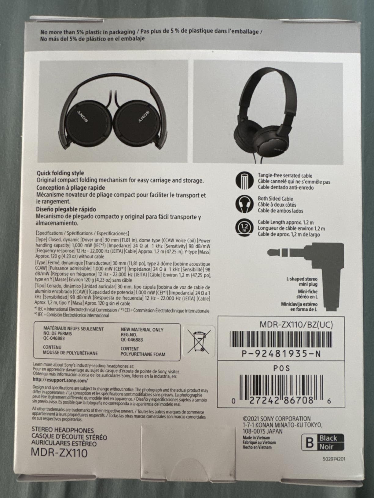 Back of the Sony MDR-ZX110 retail box showing specs