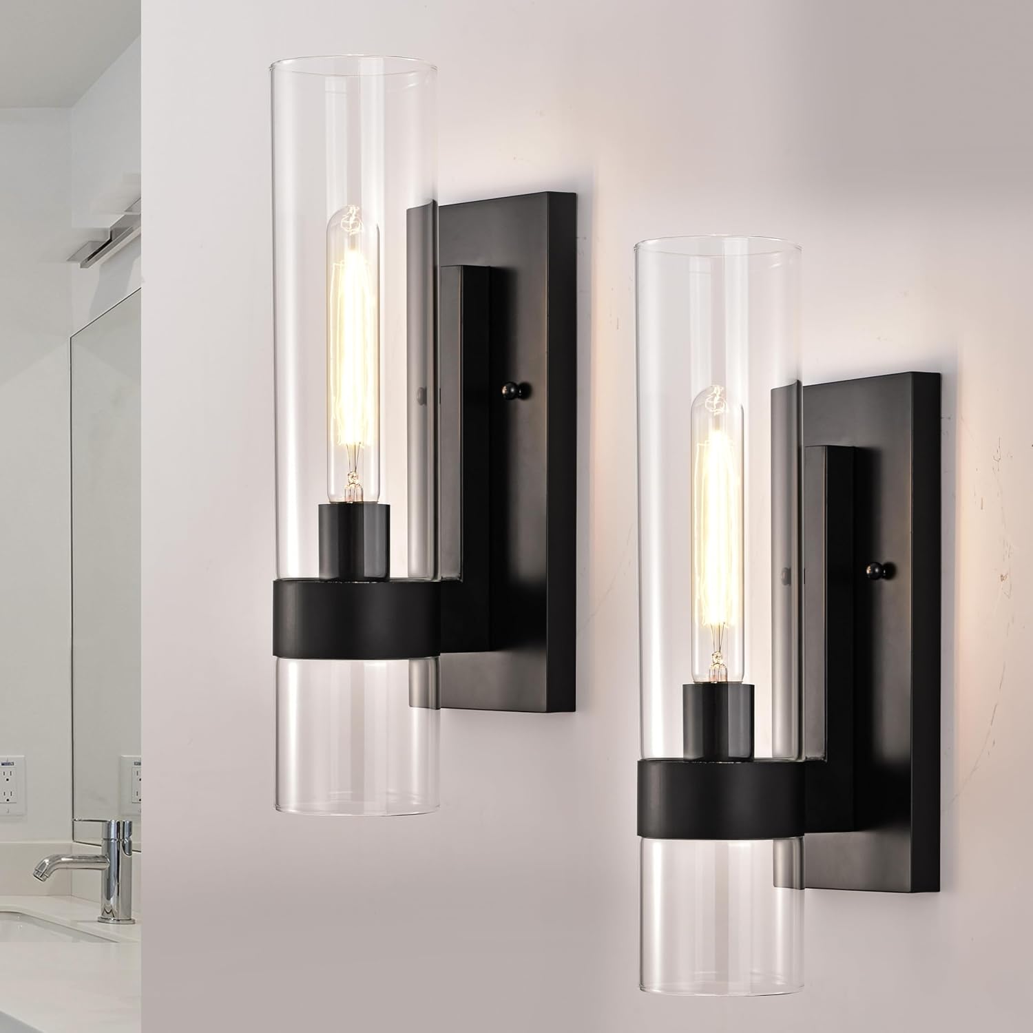 indoor wall sconces set of two, modern black bathroom sconces wall decor with cylinder glass, wall lamps for bedroom hallway vanity kitchen lighting fixtures set of 2 2-pack