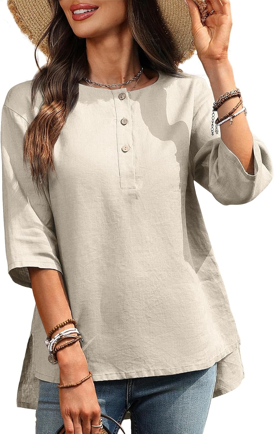 Women's Linen Henley Shirts 100% Linen Elbow Sleeve Crew Neck Slit Hem Tunics Blouse Top