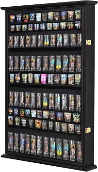 Solid Wood 144 Shot Glass Display Case Holder Cabinet Wall Curio Shadow Box for Action Figures Small Figurines Rack Lockable Door Black