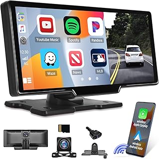 Wireless Apple Carplay&Android Auto Touchscreen Portable Car Radio Receiver,9.3 Inch Car Stereo Driving Recorder with Bluetooth FM Voice Control Dual Dash Cam Record&Backup Camera,32G TF Card