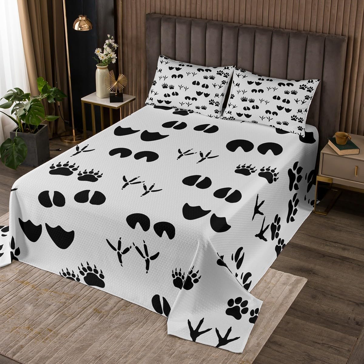 Homewish Cat Dog Bedding Set Full Size,Animal Paws Footprint Bedspread for Kids Boys Girls Room Decor,Cartoon Pet Animal Quilt 3Pcs,Cute Puppy Kitten Microfiber Coverlet Set,2 Pillowcases