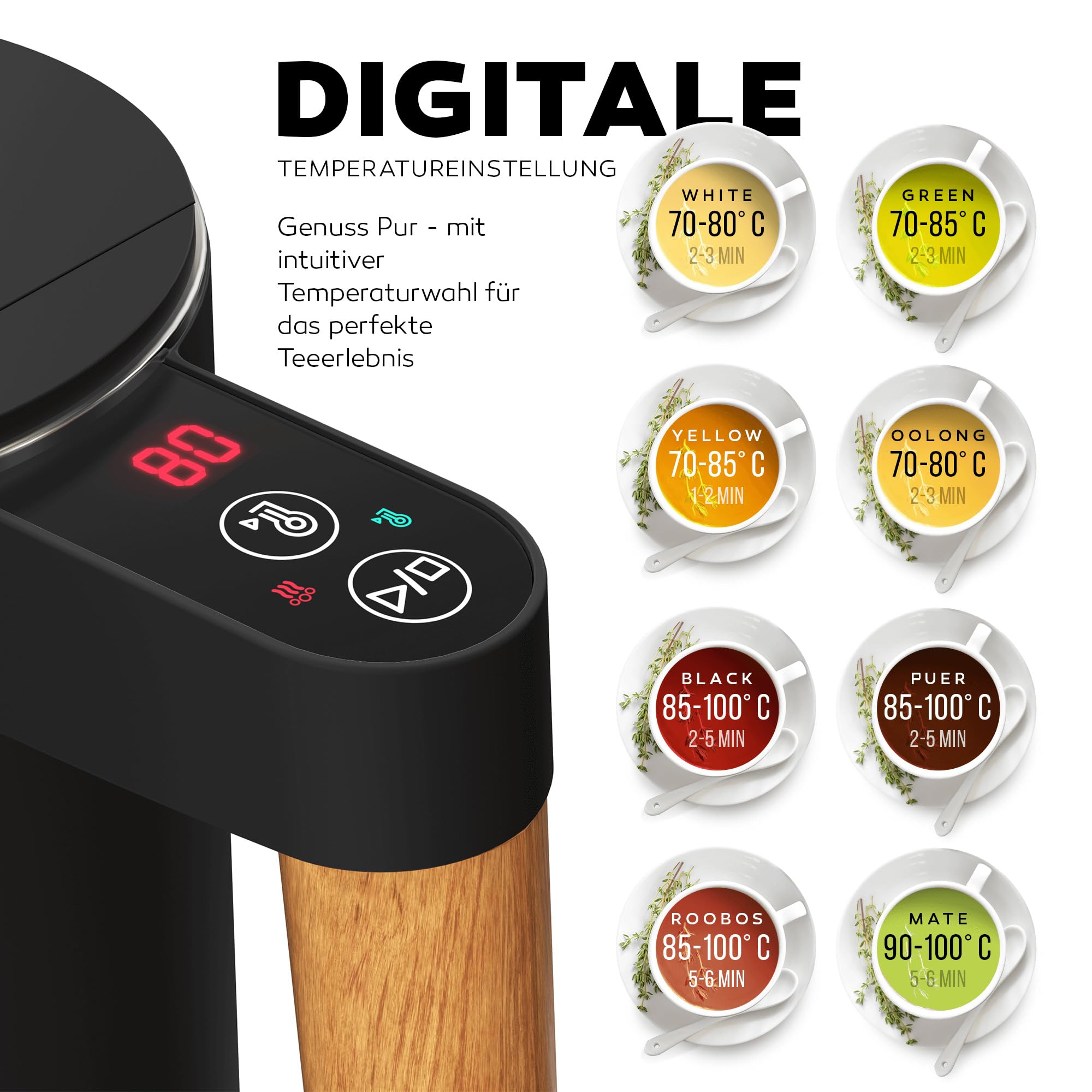 BALTER Edelstahl Wasserkocher mit Temperatureinstellung, 45°C-100°C, Doppelwand, BPA frei, leise & kabellos, Warmhaltefunktion, Teekocher mit Temperaturanzeige, 1.5L, 2200W, Schwarz