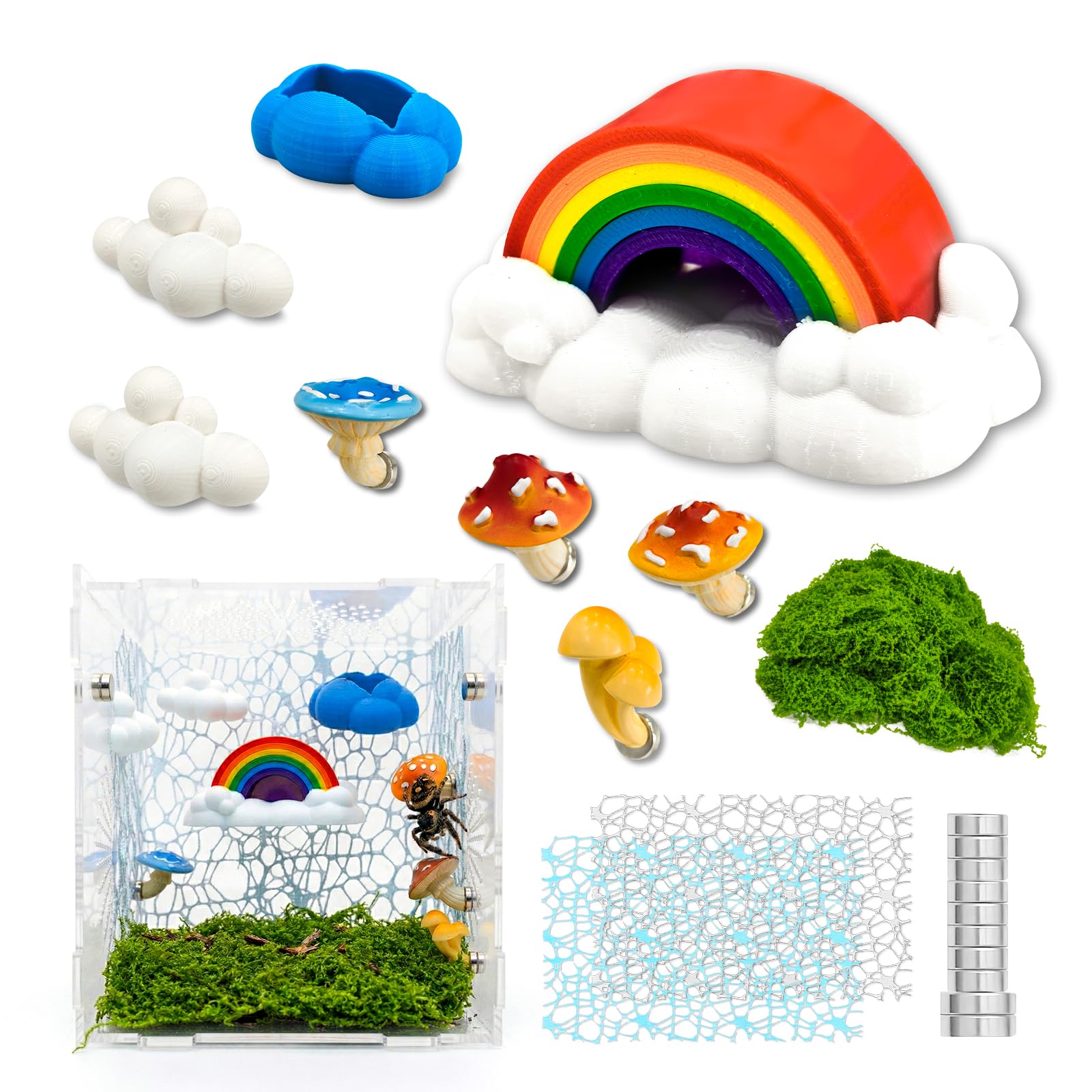 Photo 1 of 21 Pcs Jumping Spider Enclosure Accessories Kit - Magnetic Rainbow Cloud Hideout & Feeding Bowl, Mushroom Platform Ledges, Climbing Nets, Moss - Aesthetic Habitat Decor for Resting and Exploration