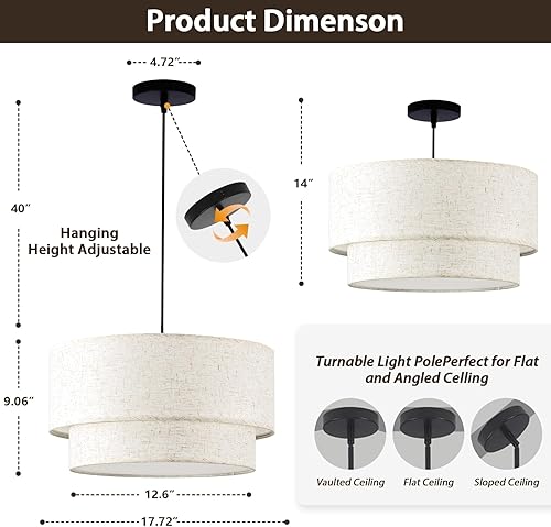 Miniatura 3 de Lámpara colgante de tambor de lino, lámpara de comedor de doble tambor de 18 pulgadas con pantalla de lino, candelabros de tambor de 3 luces para