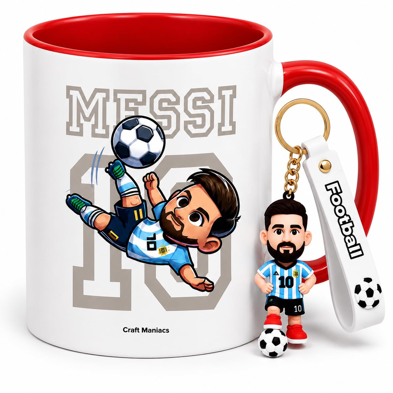 CRAFT MANIACS Lionel Messi Cute Chibi Red Rim Mug with Matching Silicone Football Keychain-image-31