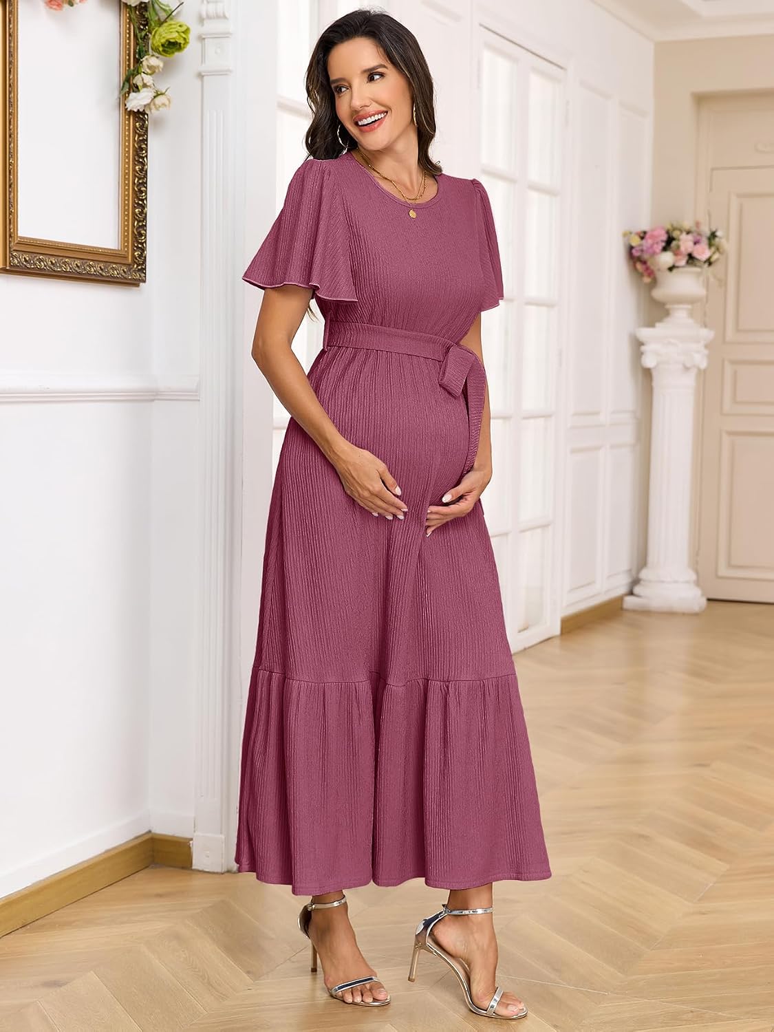 AISWI Maternity Short Sleeve Maxi Dress with Belt Crew Neck Pregnancy Tiered Ruffle Flowy Pocket Dresses Baby Shower