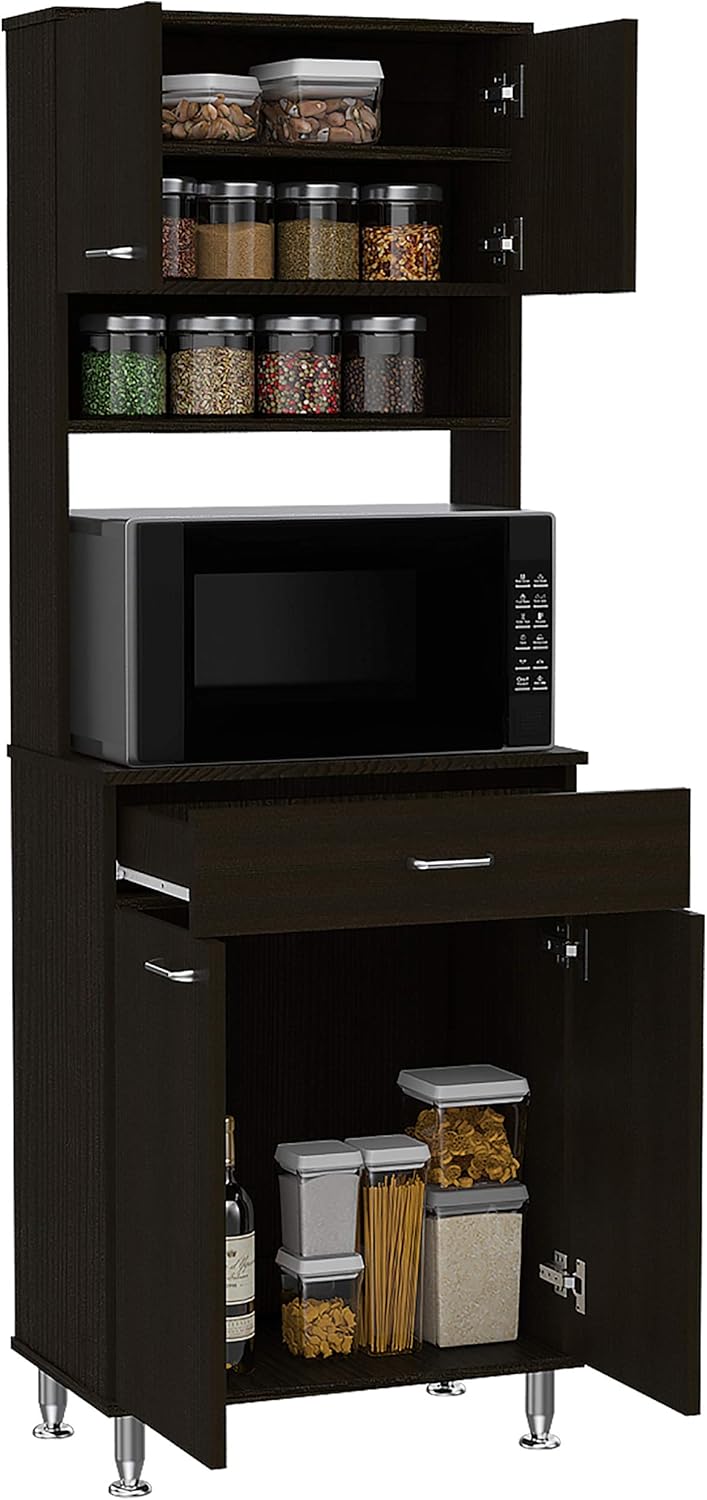 Helis 60 Kitchen Pantry 66,5" H with Microwave Shelf, Two Storage Cabinets, Black