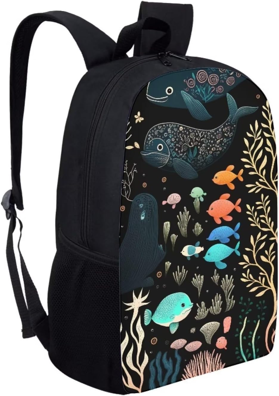 Black Funny Sea Grass Fish Backpack for Boys Girls Novelty Graphic Print Cute School Backpack 17 Inch Kids Lightweight Padded Back Basic Bookbag Elementary Student Classic Daypack