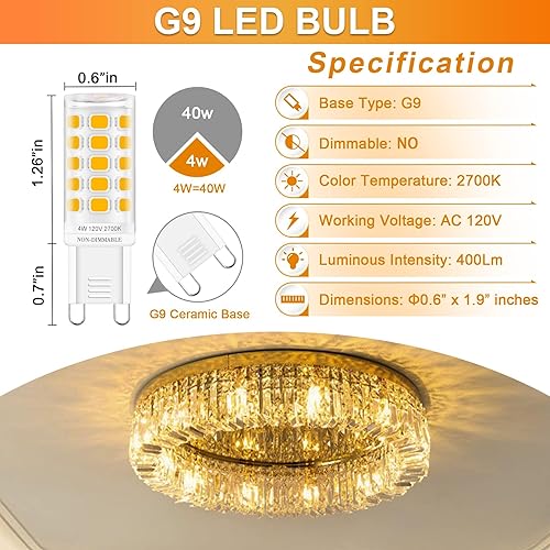 Miniatura 3 de Sailstar Bombilla LED G9, 2700 K, blanco suave, equivalente a 40 W, bombilla halógena G9, 400 LM, 120 V, T4, 4 W, base de cerámica bi-pin G9,
