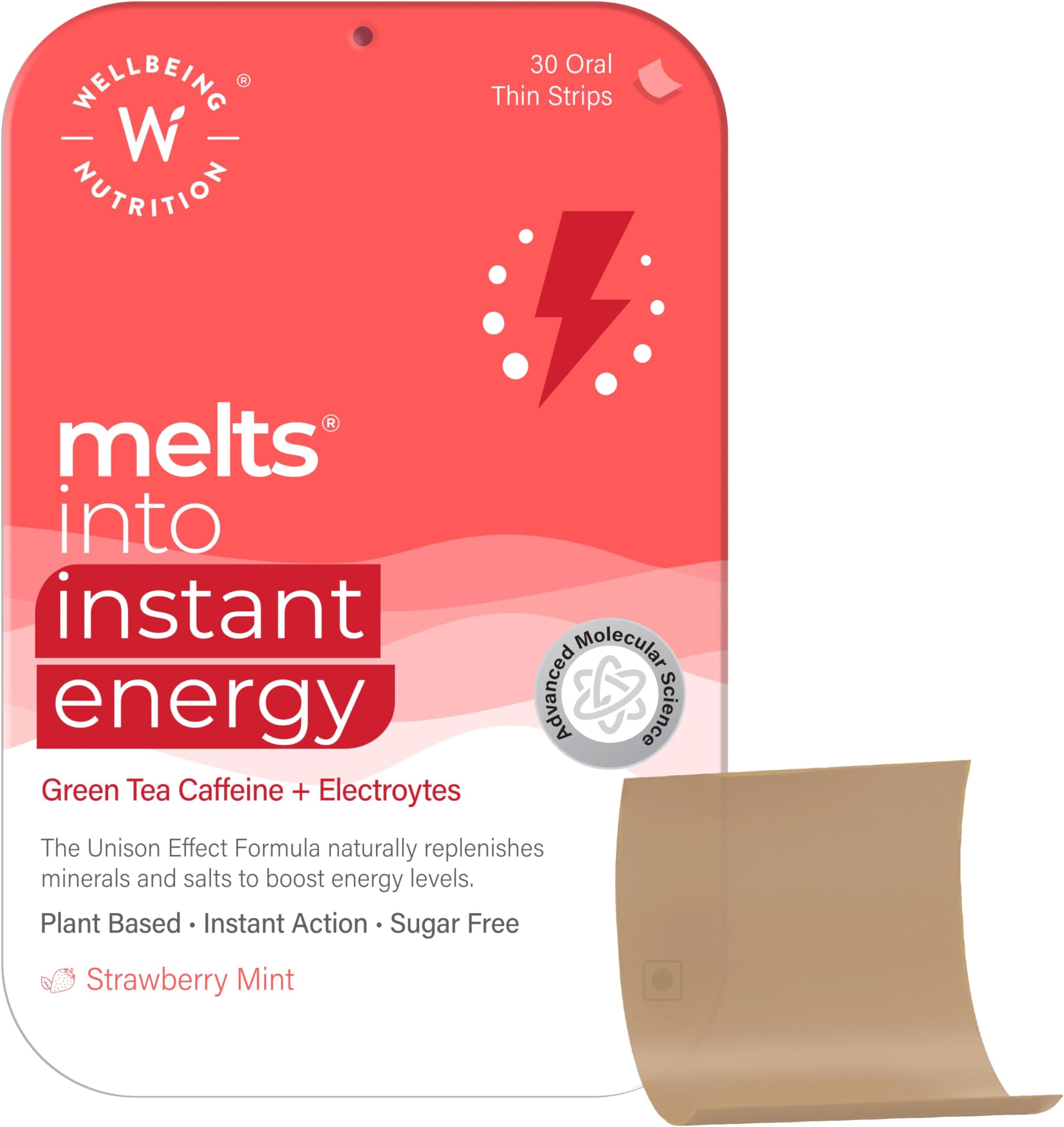 Wellbeing Nutrition Melts Instant Energy, 100% Plant Based Green Tea Caffeine, Essential Electrolytes and Vitamins for Endurance, Sports Hydration, Pre Workout Energy Boost, 30 Oral Strips