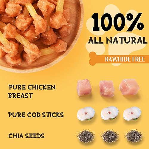 Miniatura 2 de ASMPET Masticables para perros, mancuerna de bacalao envuelta en pollo, sin cuero crudo y sin granos, aperitivos de entrenamiento masticables