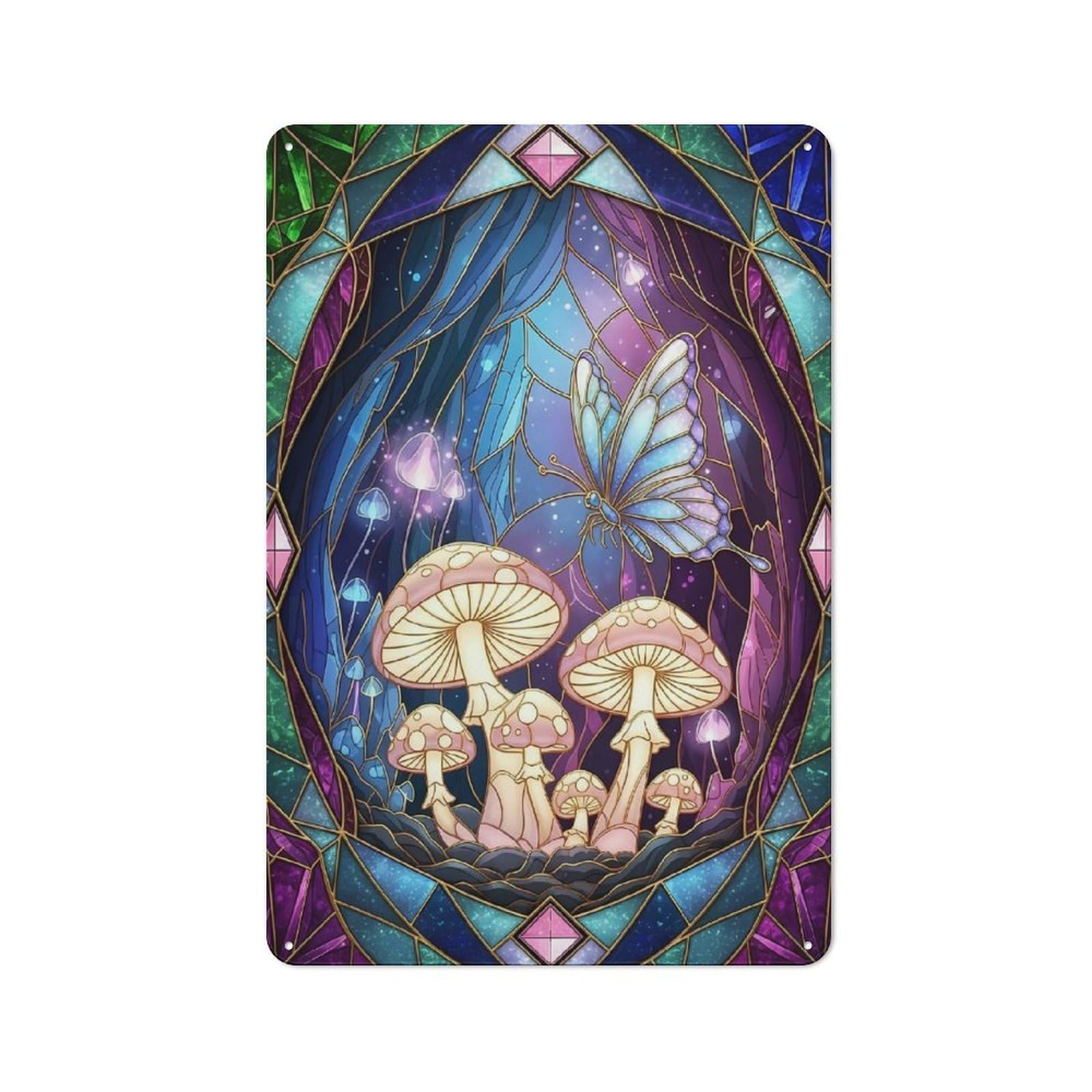 Junmoney Style-21 Tin Wall Plaque 30X20cm With Stained Glass Butterfly And Mushrooms For Workshop Wall, Housewarming Wall Decor For People Furnishing Workshop