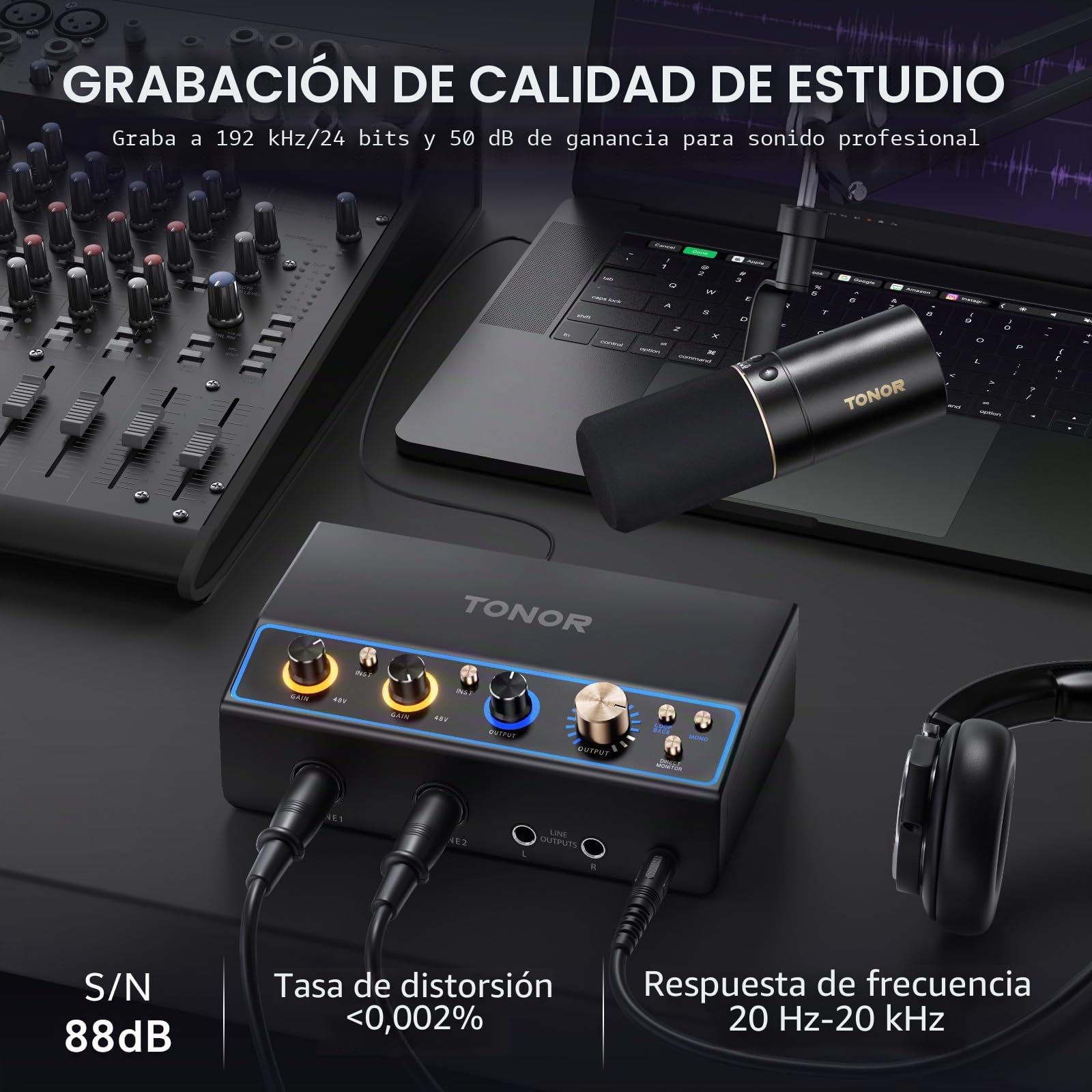 Interfaz de Audio TONOR, Mezclador de Audio de 2 Canales XLR con RGB para Creadores, Botón de Retorno, Grabación de Estudio, Pre-amplificador Profesional para streaming, Podcasting, TX510 Negro