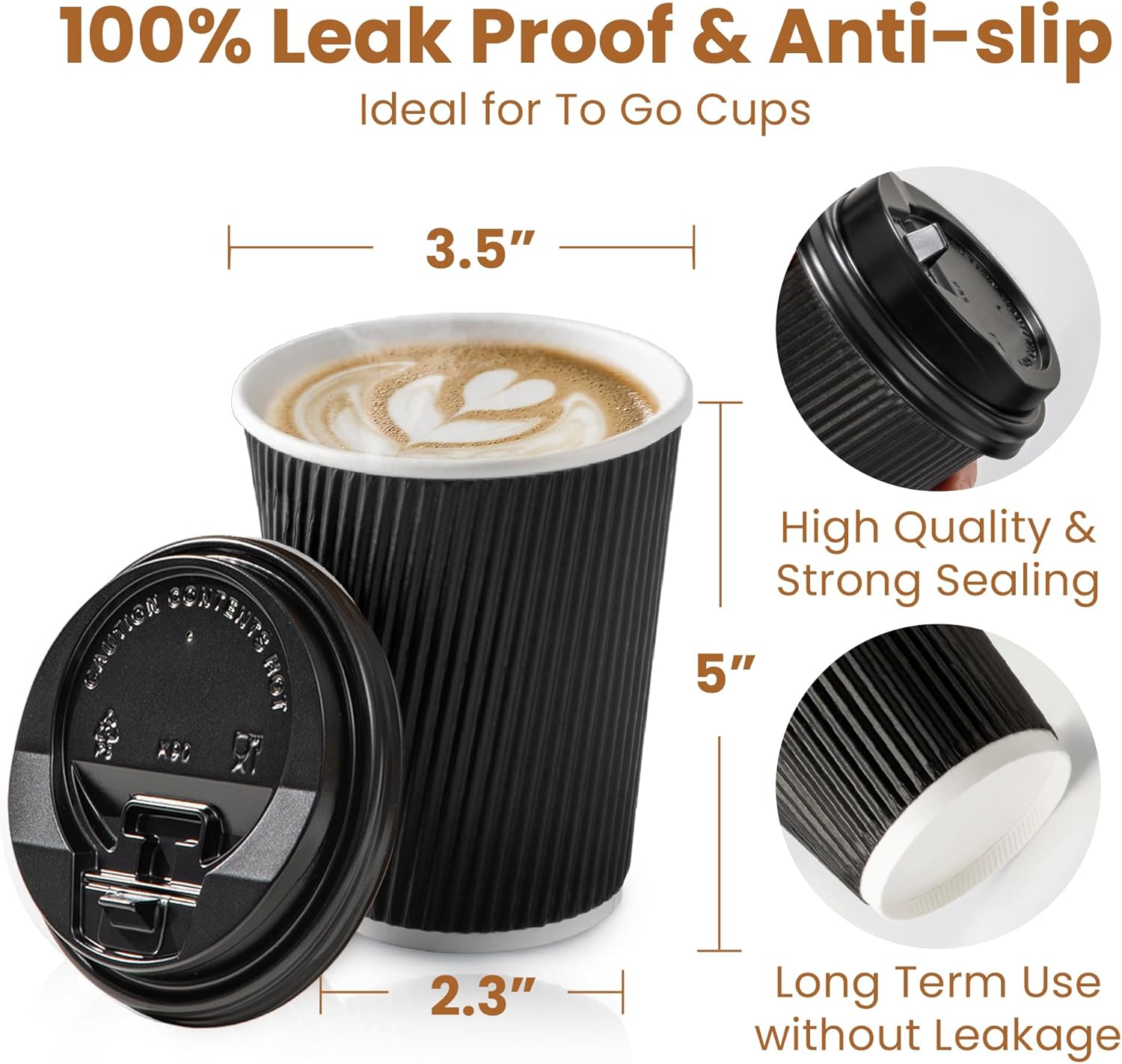 Fit Meal Prep 50 Pack 12 oz Black Disposable Coffee Cups with Lids, Corrugated Triple Wall To Go Hot Cups, Insulated Paper Coffee Cups for Hot Beverages, Travel, Home, Office (Black Lids) - Image 2