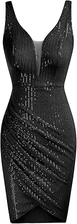 GRACE KARIN Women Deep V Neck Party Mini Dress U Back Sequin Irregular Hem Evening Dress