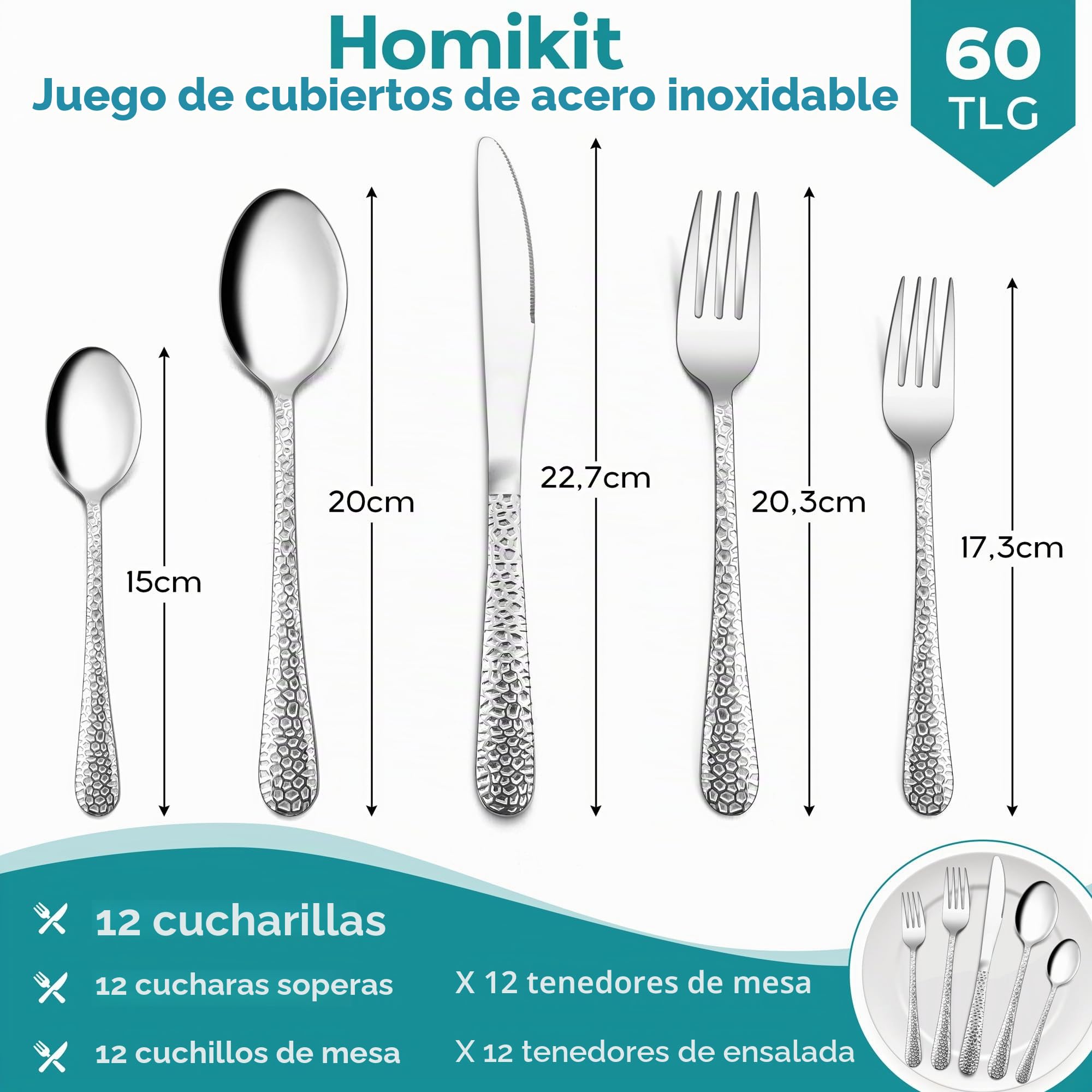 Homikit Juego de cubertería de 60 piezas para 12 personas, cubiertos de acero inoxidable martillados, cubiertos con cuchillo, tenedor, cuchara para familia, fiestas, restaurantes, mango redondo y apto