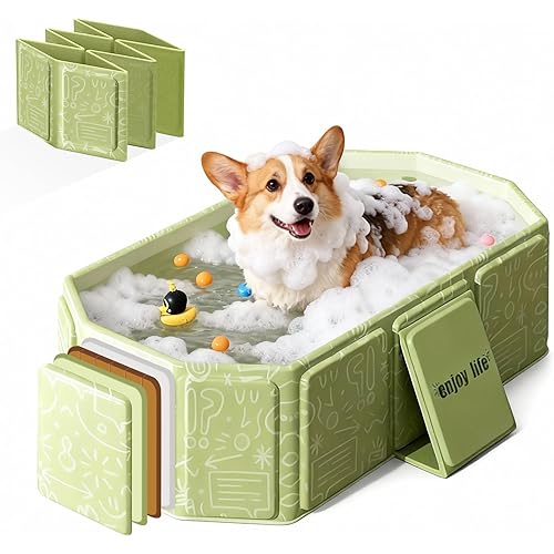 Collapsible Pet Bathtub with Drain Plug, Foldable Portable Tub for Dogs Bath, Non-Slip Rigid Waterproof Dog Bath Tub for Home, for Small Dogs, Medium Dogs & Cats (Green)
