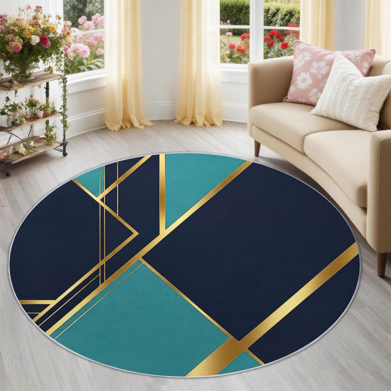 Tapis Rond Salon 180 cm Géométrique Abstrait Blocs De Couleur Bleu Canard & Lignes Dorées Tapis de Sol Décoration Antidérapant pour Salle De Séjour Intérieur, Bleu Doré