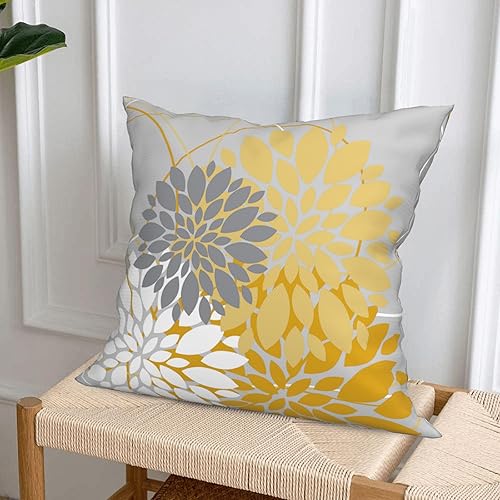 Miniatura 5 de Juego de 2 fundas de almohada de 18 x 18 pulgadas, color gris y amarillo, para primavera y verano, dalia, geométricas, florales, elegantes,