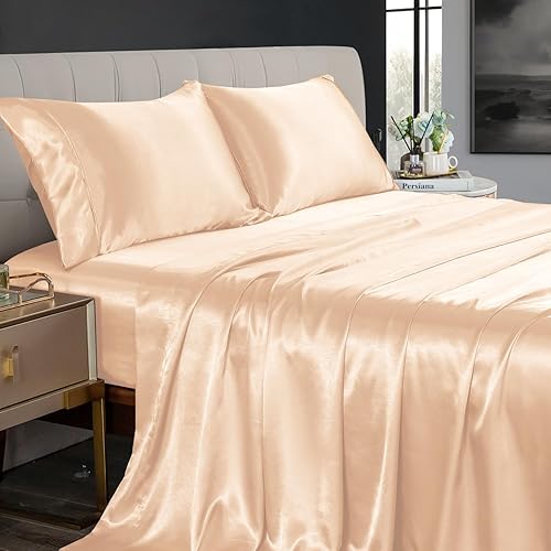 Sábanas de satén de tamaño Queen con bolsillo profundo, sábanas refrescantes súper suaves, tamaño Queen, juego de sábanas de seda Queen con bolsillo