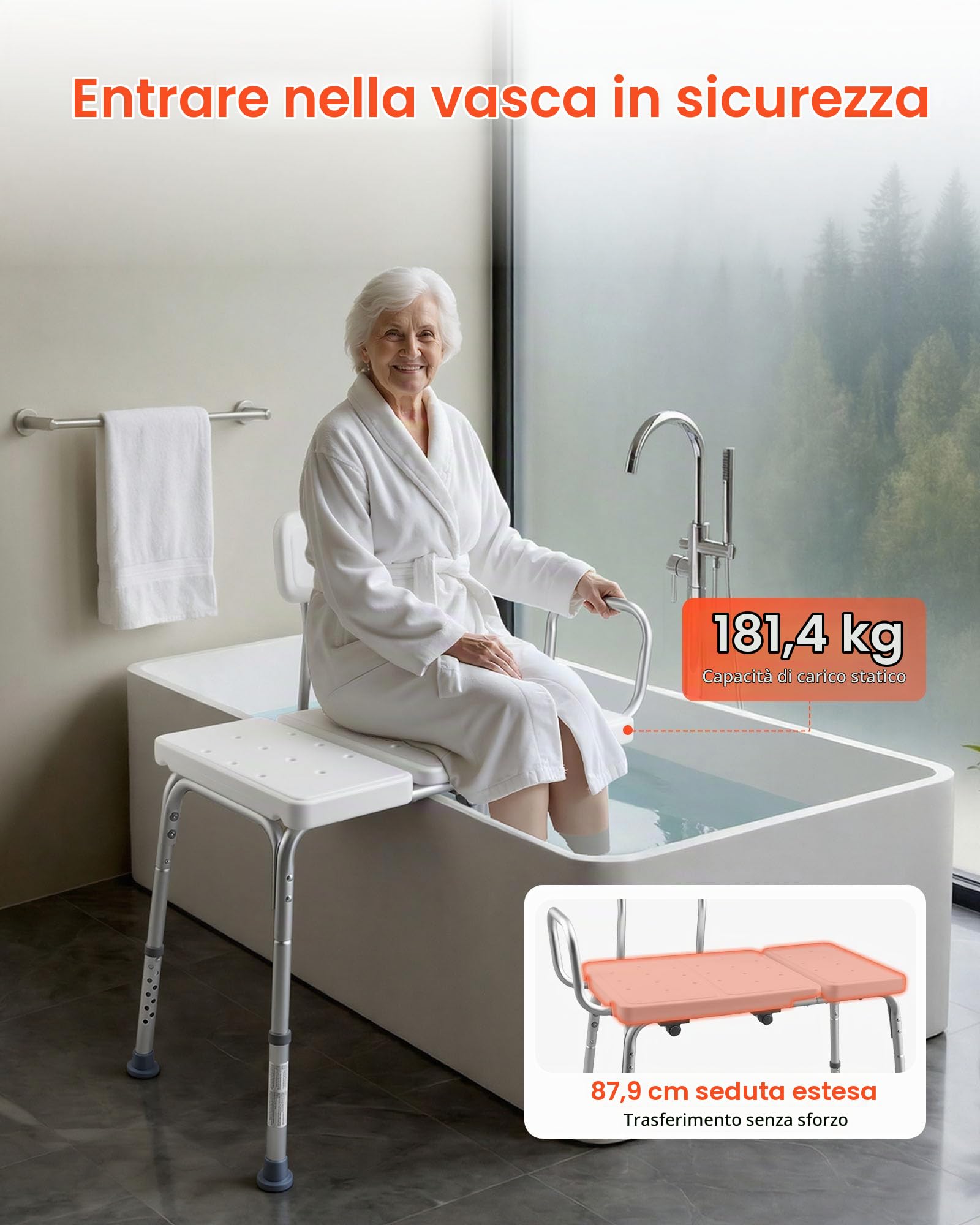 VEVOR Panca da Vasca da Bagno Carico max 180 kg, Sedia per Trasferimento Vasca da Bagno con Braccioli Schienale, Sedile da Doccia Altezza Regolabile per Anziani Pazienti Mobilità Ausiliare Box Doccia