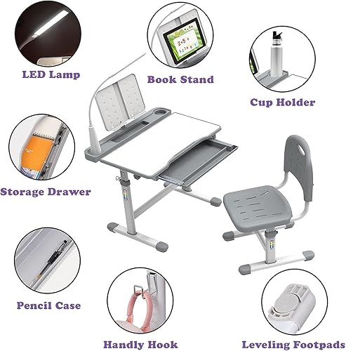 Miniatura 19 de BELANITAS Juego de escritorio y silla para niños de 5 a 8 años, escritorio de escritorio inclinable de 40 grados para niños, escritorio para niños