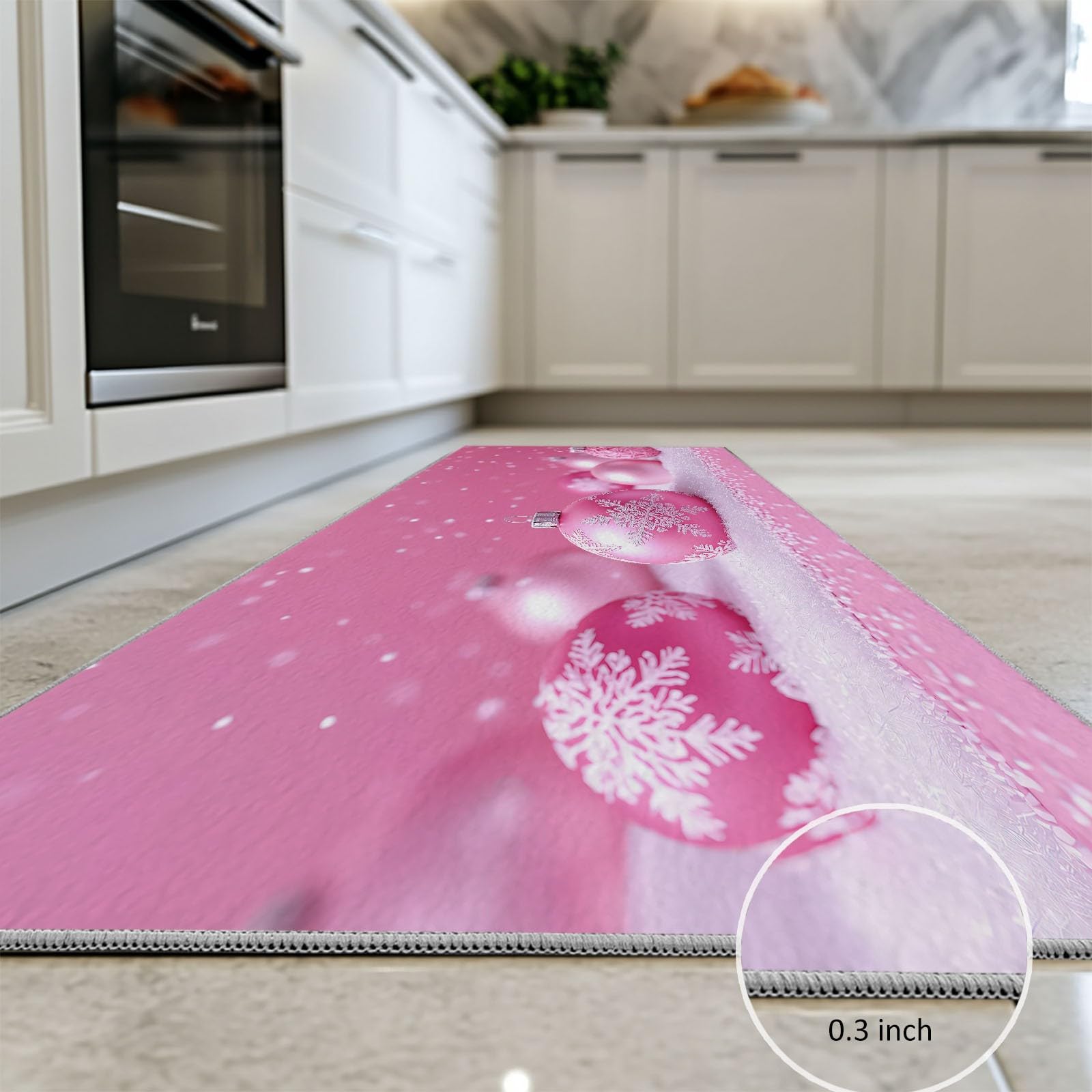 Generico Tappeto da Corridoio Antiscivolo 60 x 180 cm, Tappeto Passatoia Tema Natalizio Pelo Corto Palline Di Natale Rosa Fiocchi Di Neve per Corridoio Ufficio Entrata Casa Cucina da Ingresso