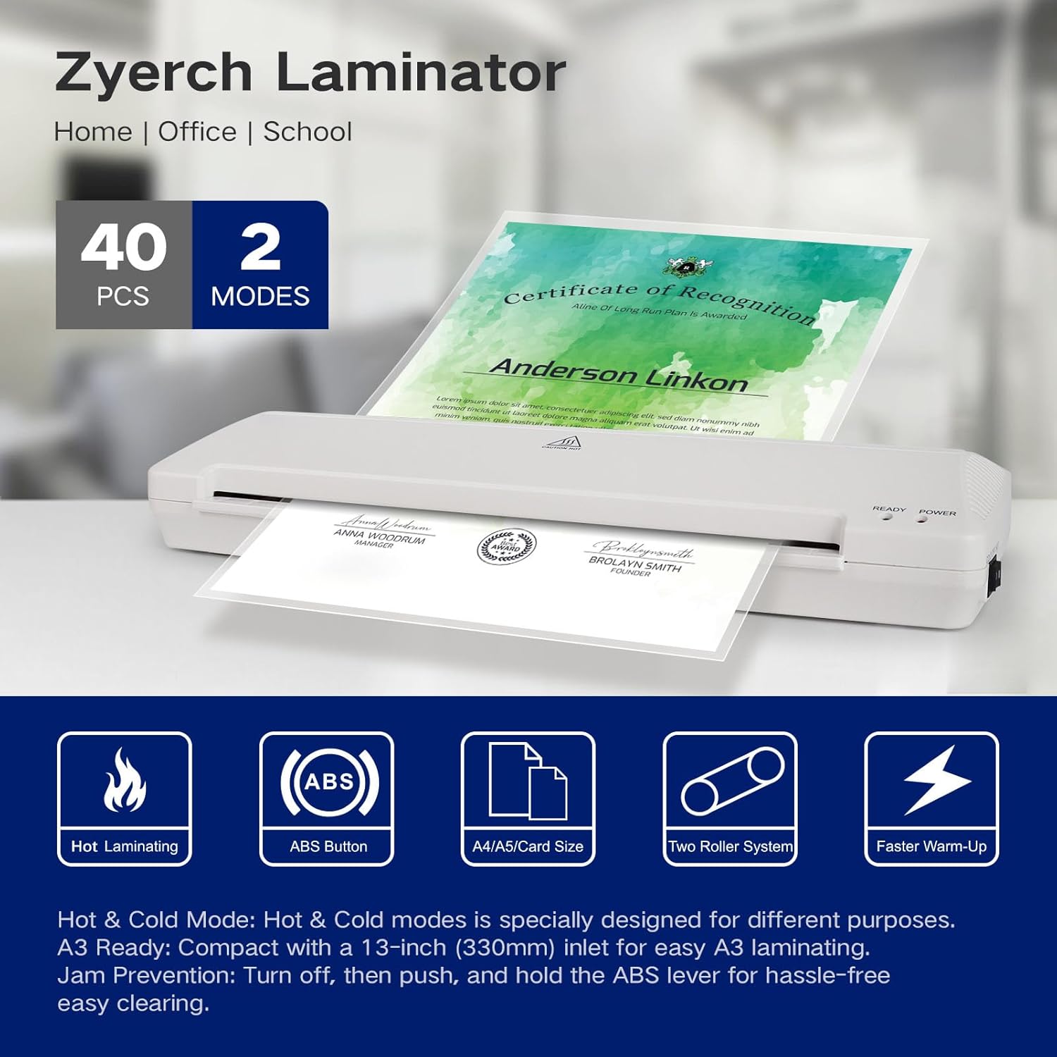 Laminator 13 Inch A3 Laminator Machine, 7 in 1 Desktop Thermal Laminator Never Jam with 40 Laminating Pouches, Paper Trimmer and Corner Rounder, Fast Warm-Up Home Office School Use, White
