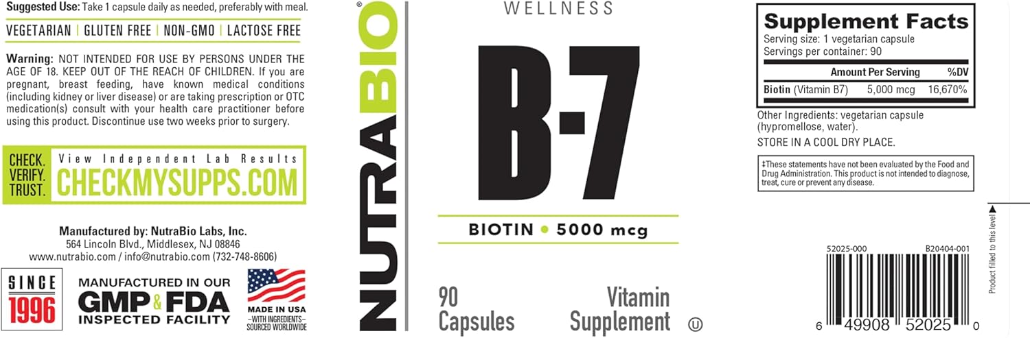 NutraBio Biotin (Vitamin B-7) Supplement, 5000mcg - May Help Promote Healthy Hair, Skin, and Nails, 90 Vegetable Capsules - Image 3