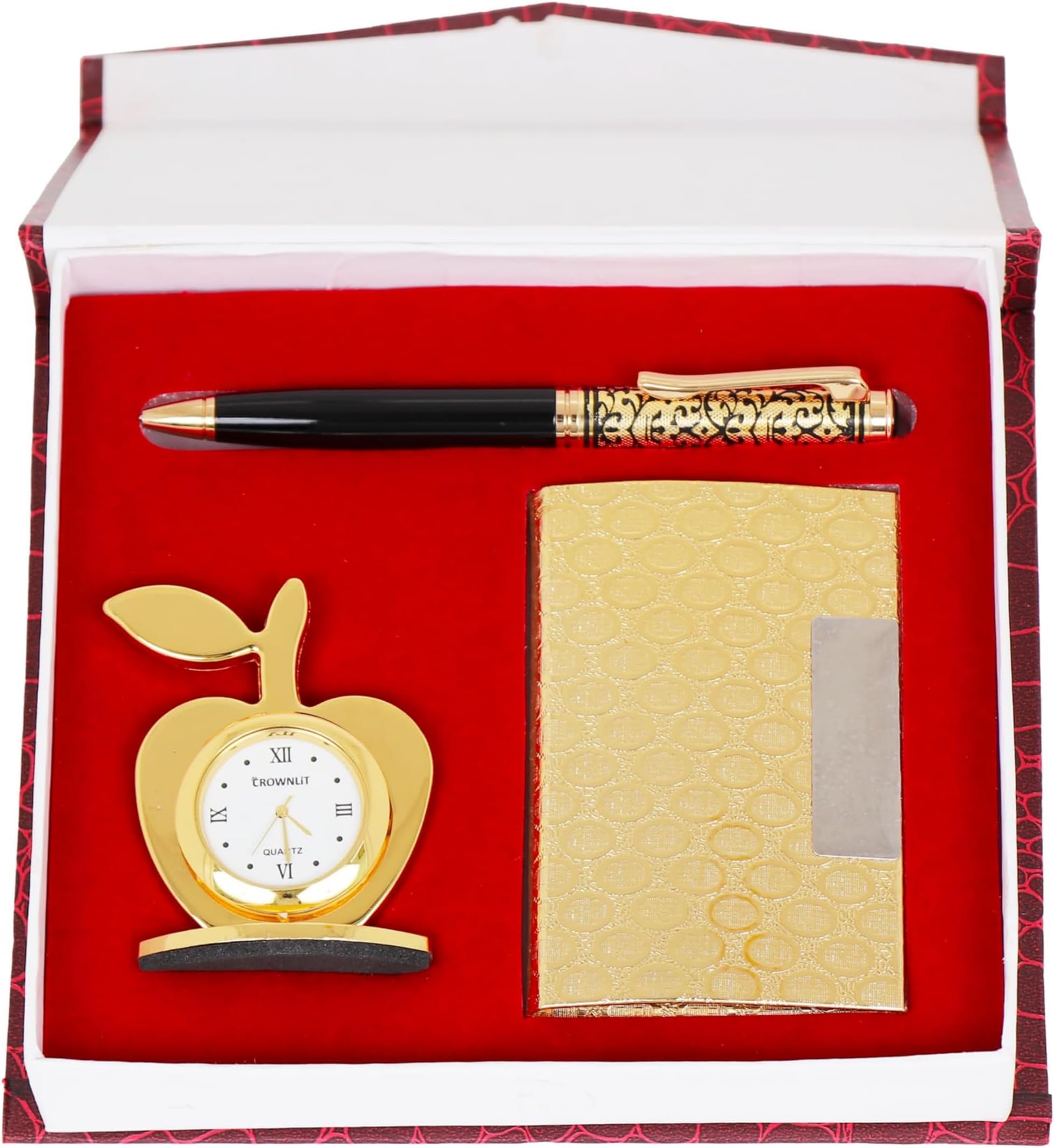 3 in 1 Apple Shape Clock, Card Holder with Premium Metal Pen for Gifting (Improved Version) | New Year Gift | Corporate Gifts |