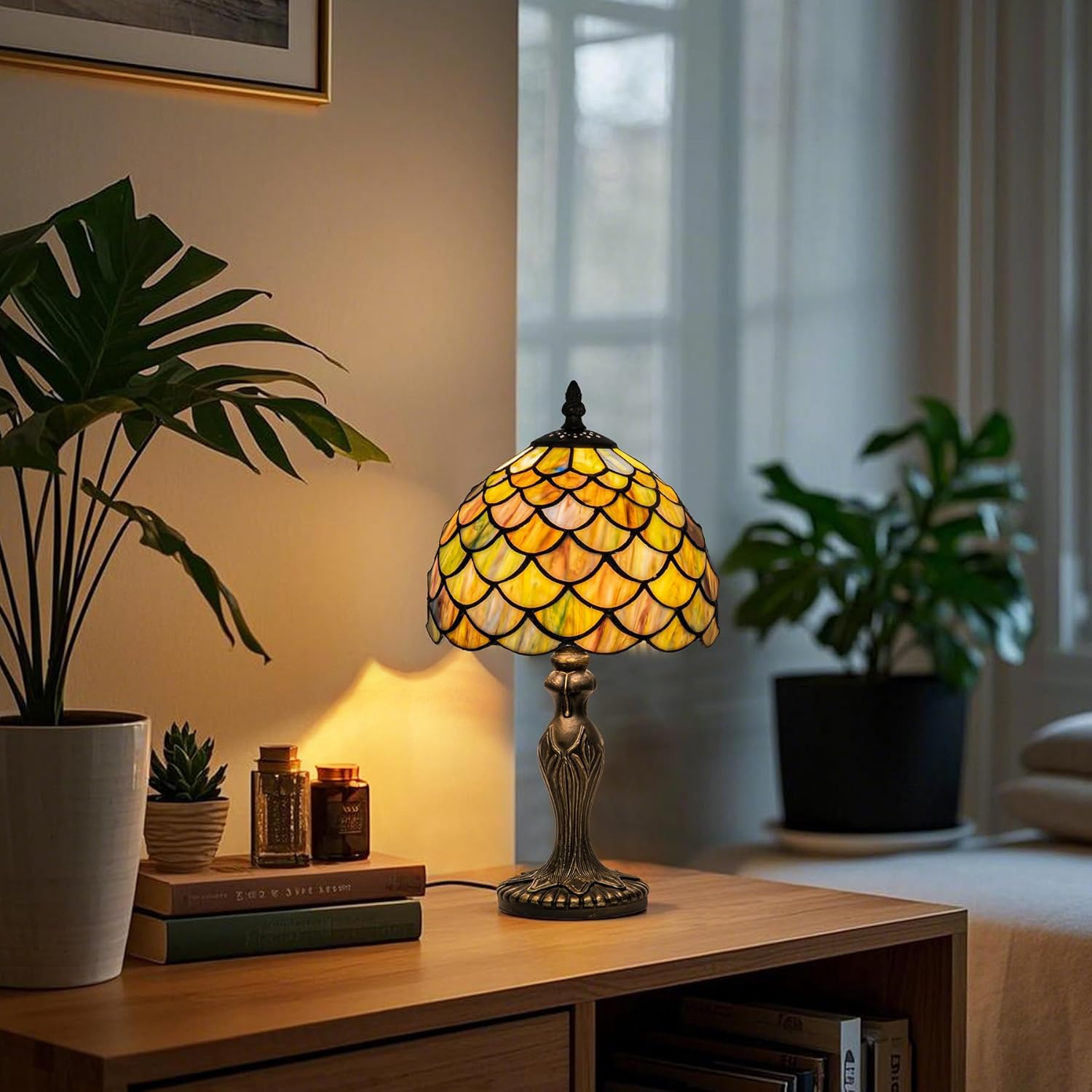 Small Tiffany Stained Glass Table Lamp Wisteria Style Lampshade Nightstand Light for Bedroom Dorm Living Hallway Coffee Table Office Housewarming Gift 8X8X15 (Green Fish Scales)