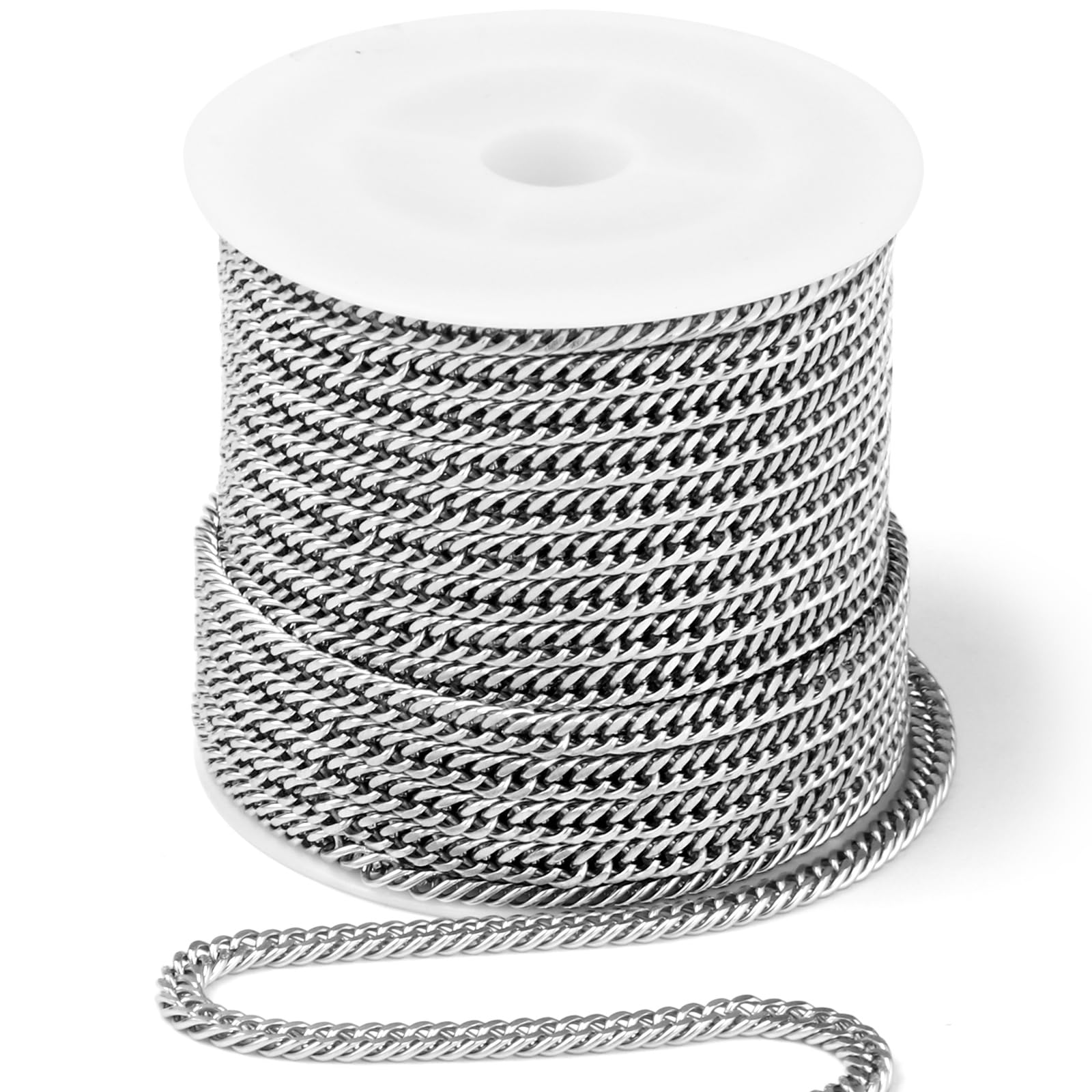 33 Feet Stainless Steel Double Cuban Link Chain Roll, 3.88mm Width 304 Stainless Steel Curb Chains Spool Bulk for Jewelry Making Chain