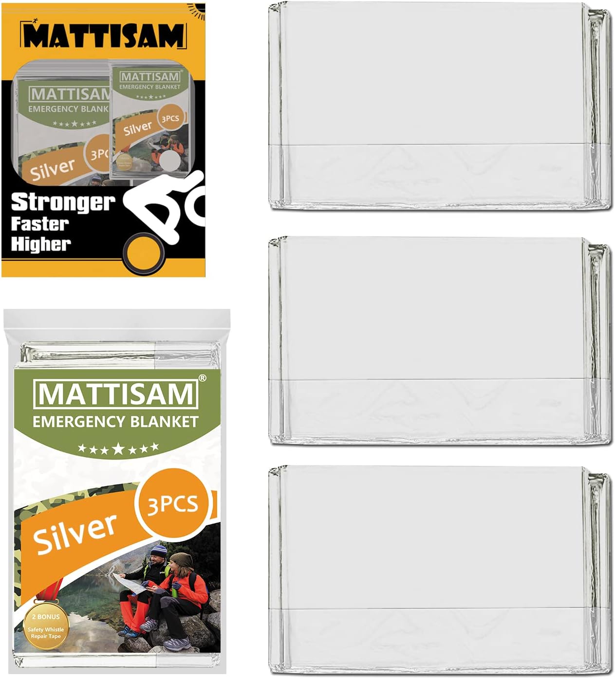 MATTISAM Emergency Mylar Thermal Blankets [7 Pack • Huge] + Emergency Rain Poncho + Survival Tent + Sleeping Bag, Gold Foil Space Blanket for Outdoors Camping Hiking Marathons, Retains 90% of Heat