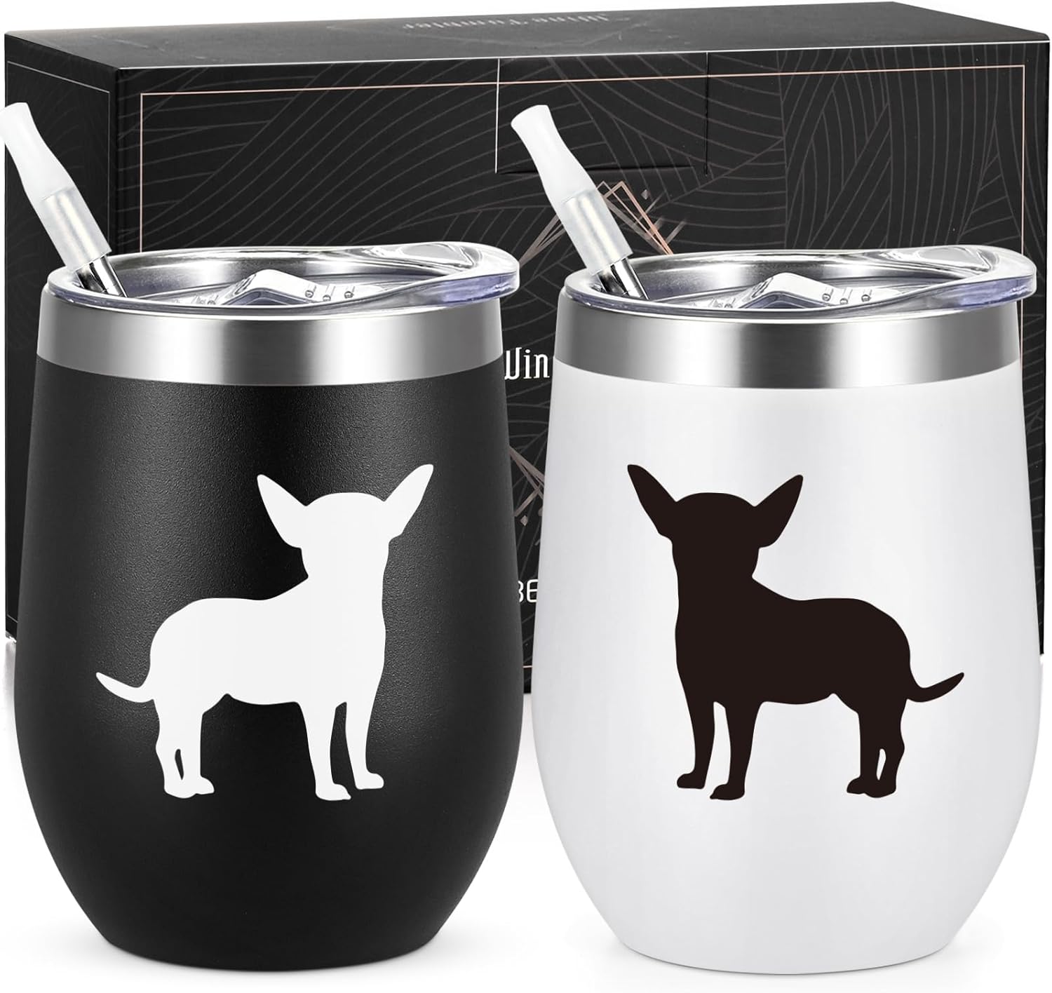 Lifecapido Chihuahua Gifts, Chihuahua Silhouette 12oz Stainless Steel Wine Tumbler Set of 2, Birthday Gifts Christmas Gifts for Dog Lovers Dogs Parents Dogs Mom Dog Dad, Black and White