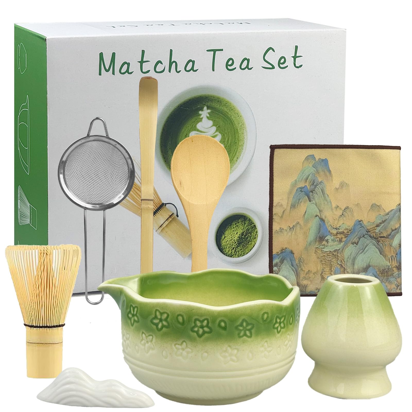 ZBXSNK Matcha Set - 8Pcs Handmade Matcha Kit Including Bamboo Whisk Scoop & Holder, Ceramic Bowl, Sifter, Tea Cloth & More with Elegant Box, Ideal Matcha Gift for Enthusiasts & Beginners