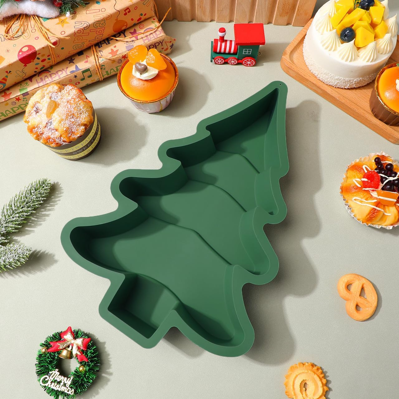 Tofficu Christmas Tree Silicone Baking Mold, Non-stick Cake Pan for Holiday Cupcakes, Diy Party Desserts, Festive Shaped Cookie & Candy Tray, Green