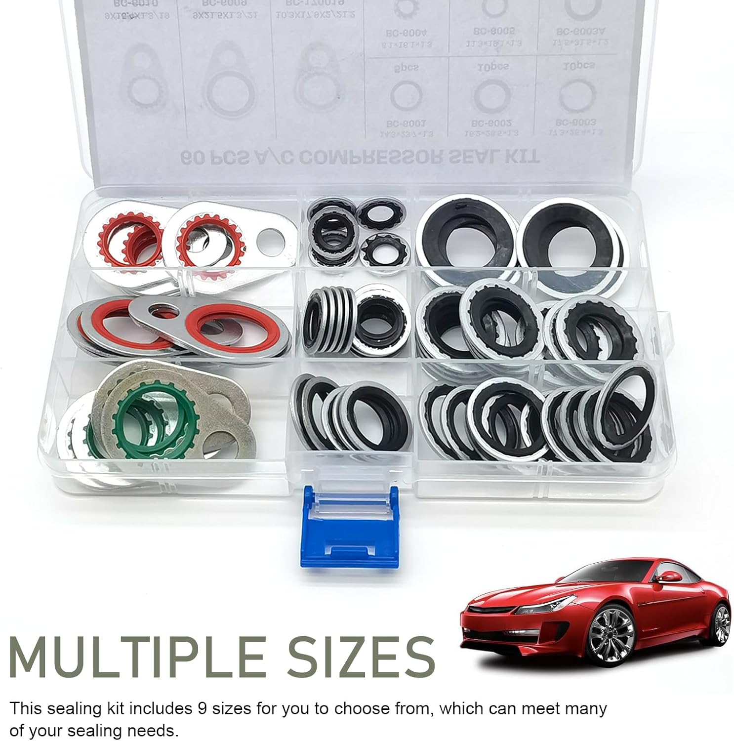 60PCS A/C System Compressor Gasket Seals, 9 Sizes A/C O Ring Assortment Kit, Car Air Conditioning Compressor Port Seal Washer Kit, Bonded Replacement Seal Gasket Kit