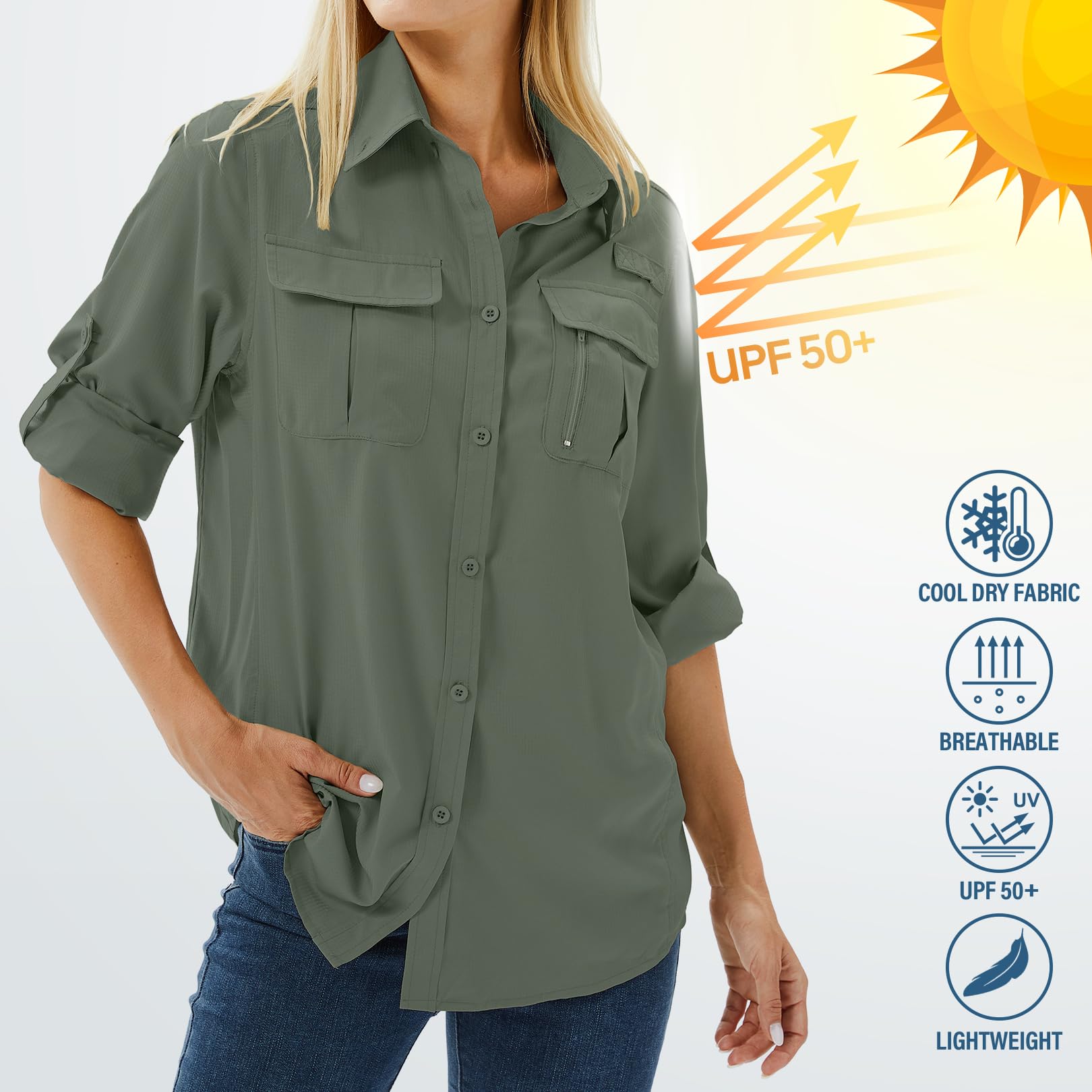 Toumett Camisas de manga larga con protección solar UPF 50 para mujer, safari, pesca, senderismo